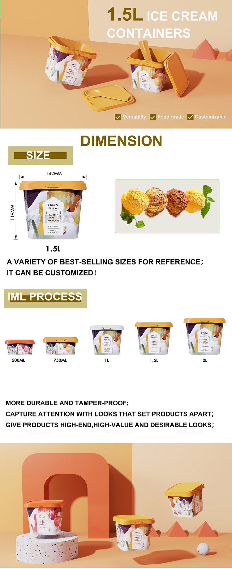 1.5L Hot Selling Stackable Disposable Ice Cream Container