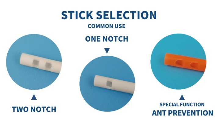 Two notch plastic candy sticks (150mm length) showing ant prevention feature – durable for heavy lollipops in South Africa