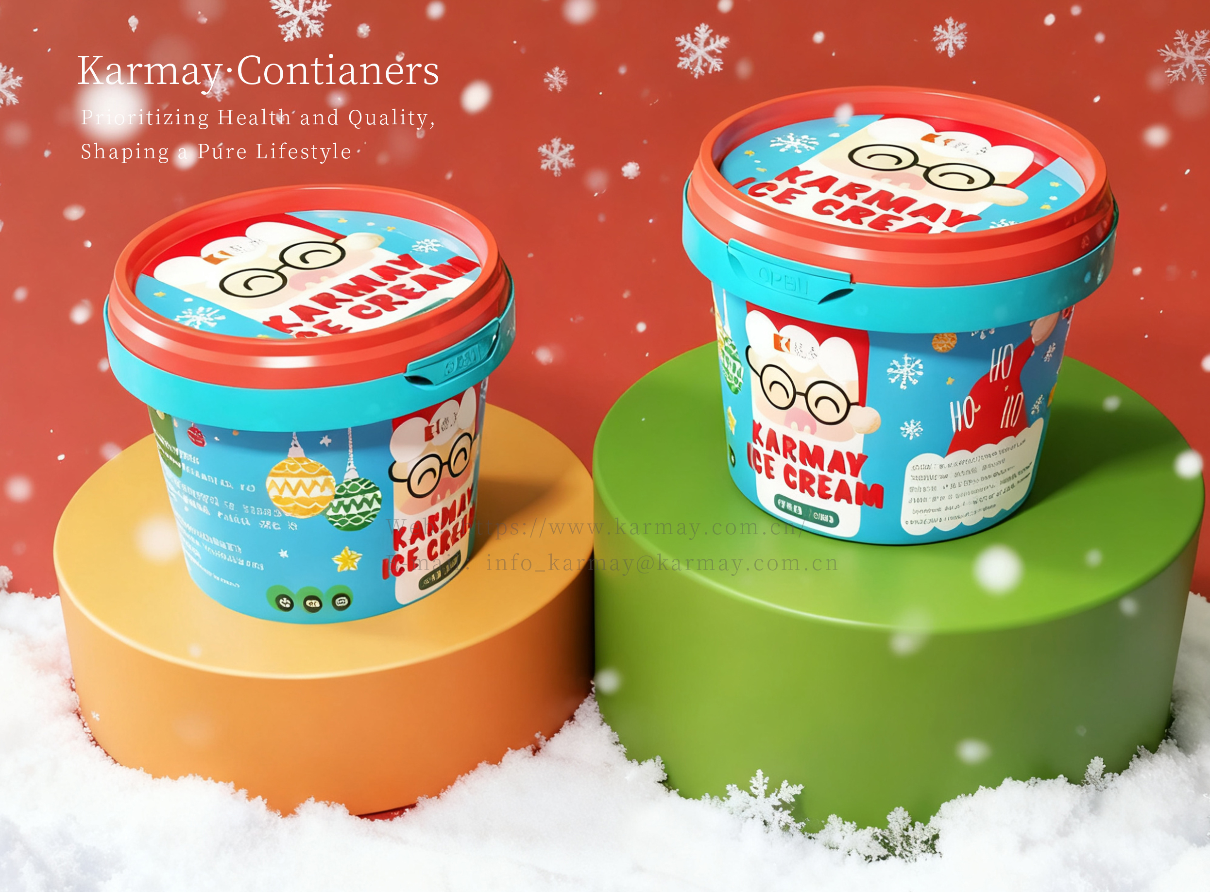 ustom blue Christmas candy container with IML festive design - food-safe plastic packaging