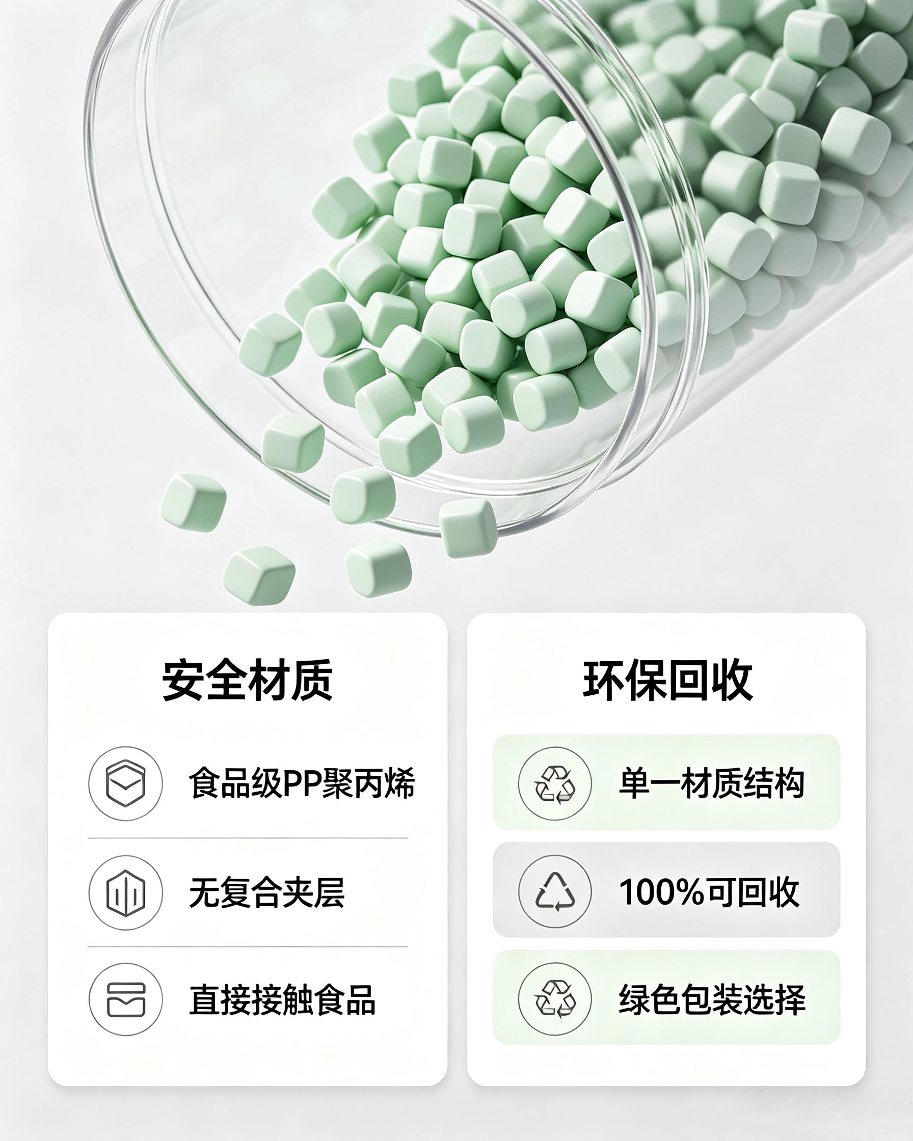 食品级 PP 聚丙烯原料，单一材质无复合夹层，100% 可回收食品包装材料