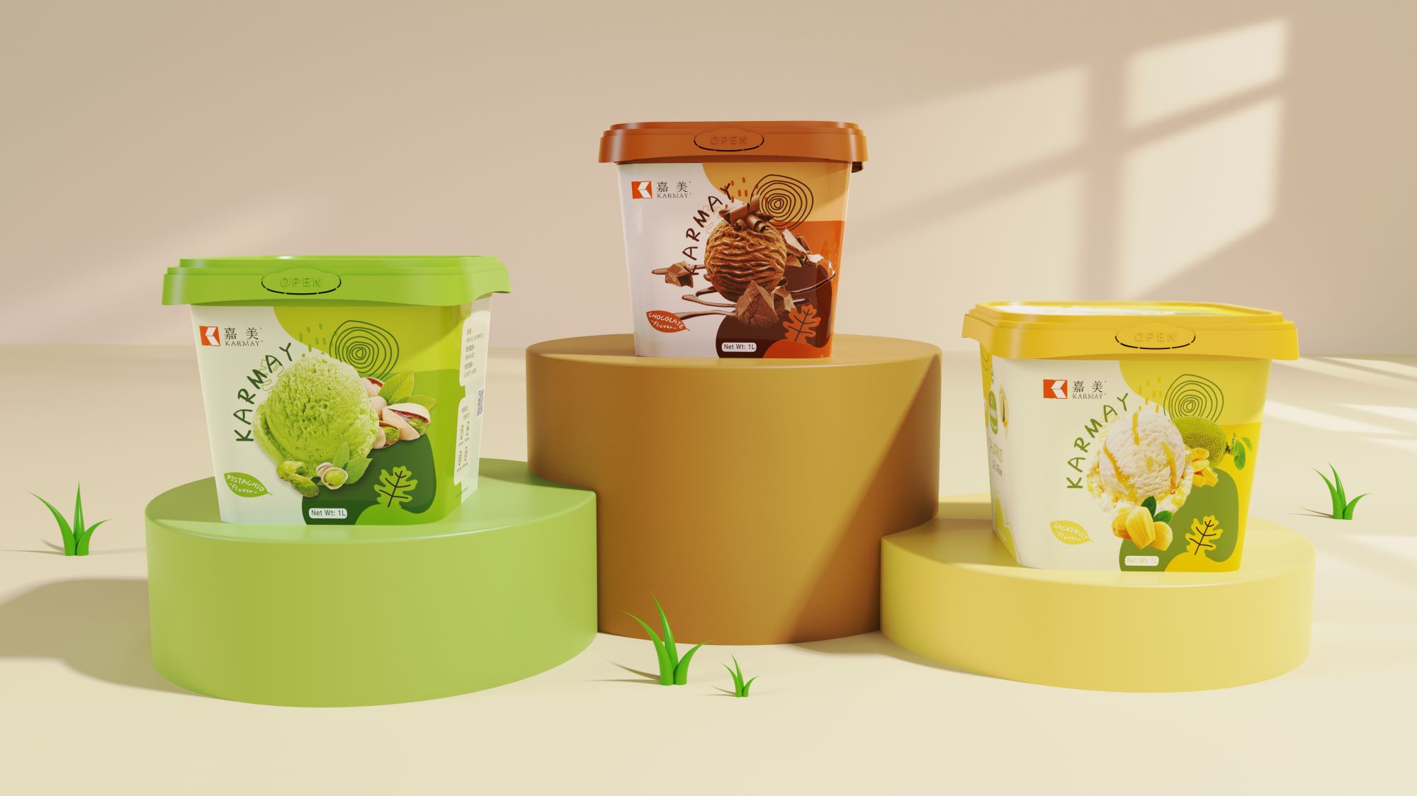 KARMAY 1L food‑grade IML PP square plastic pail with tamper‑evident lid, multi‑color product display