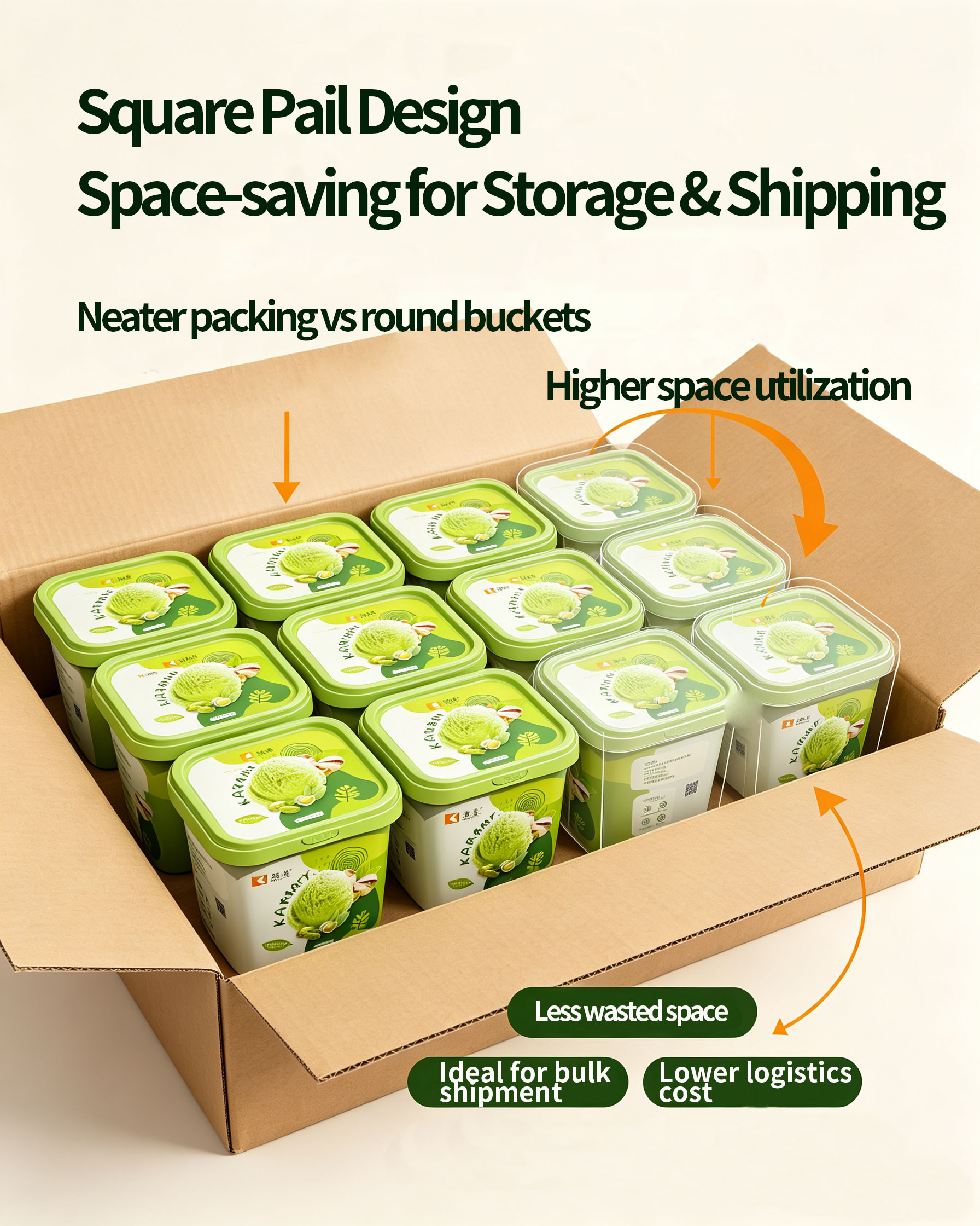Square pail stacking design for space‑saving storage and logistics shipping