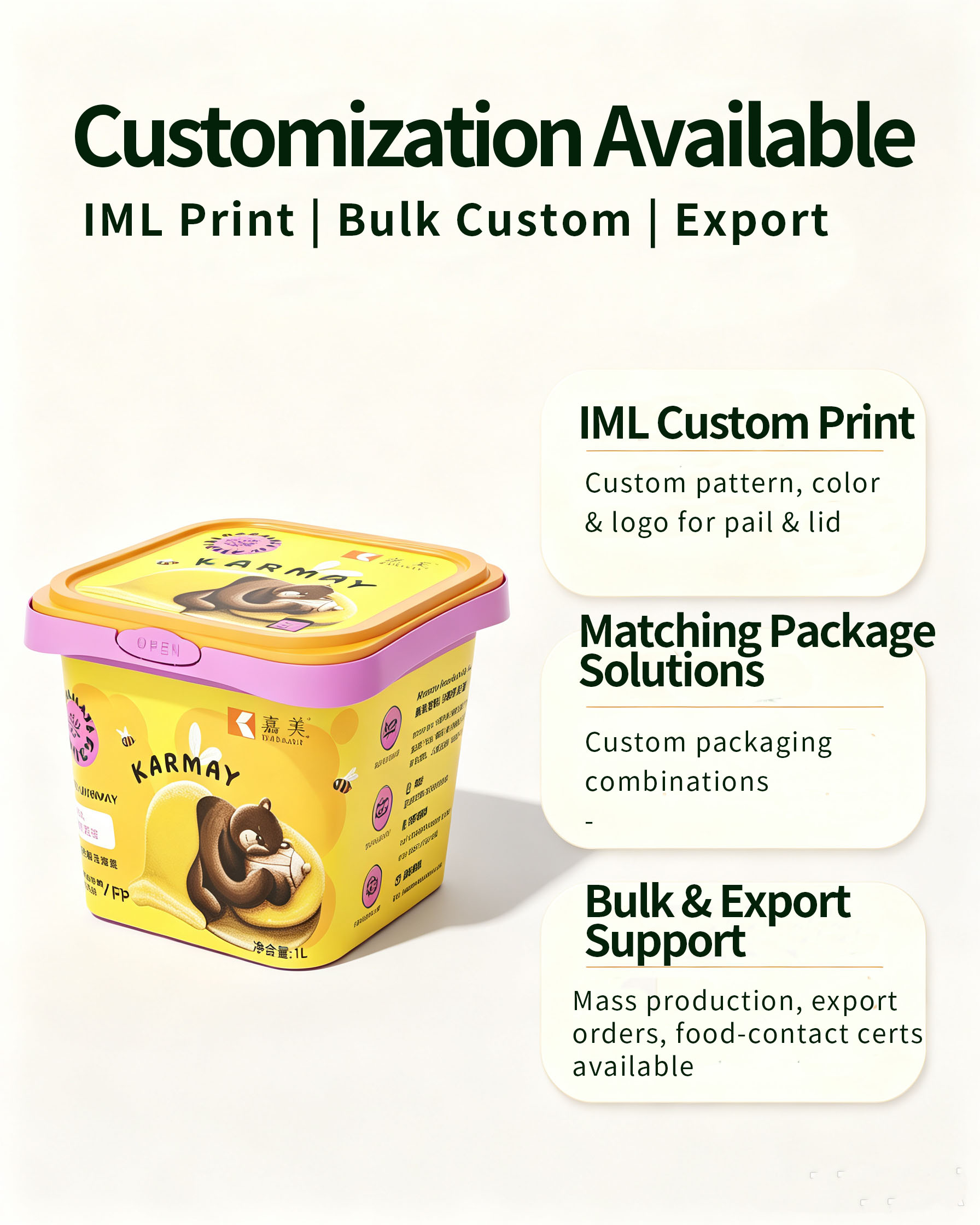 Customization service for IML printed square food plastic pail, brand packaging solution